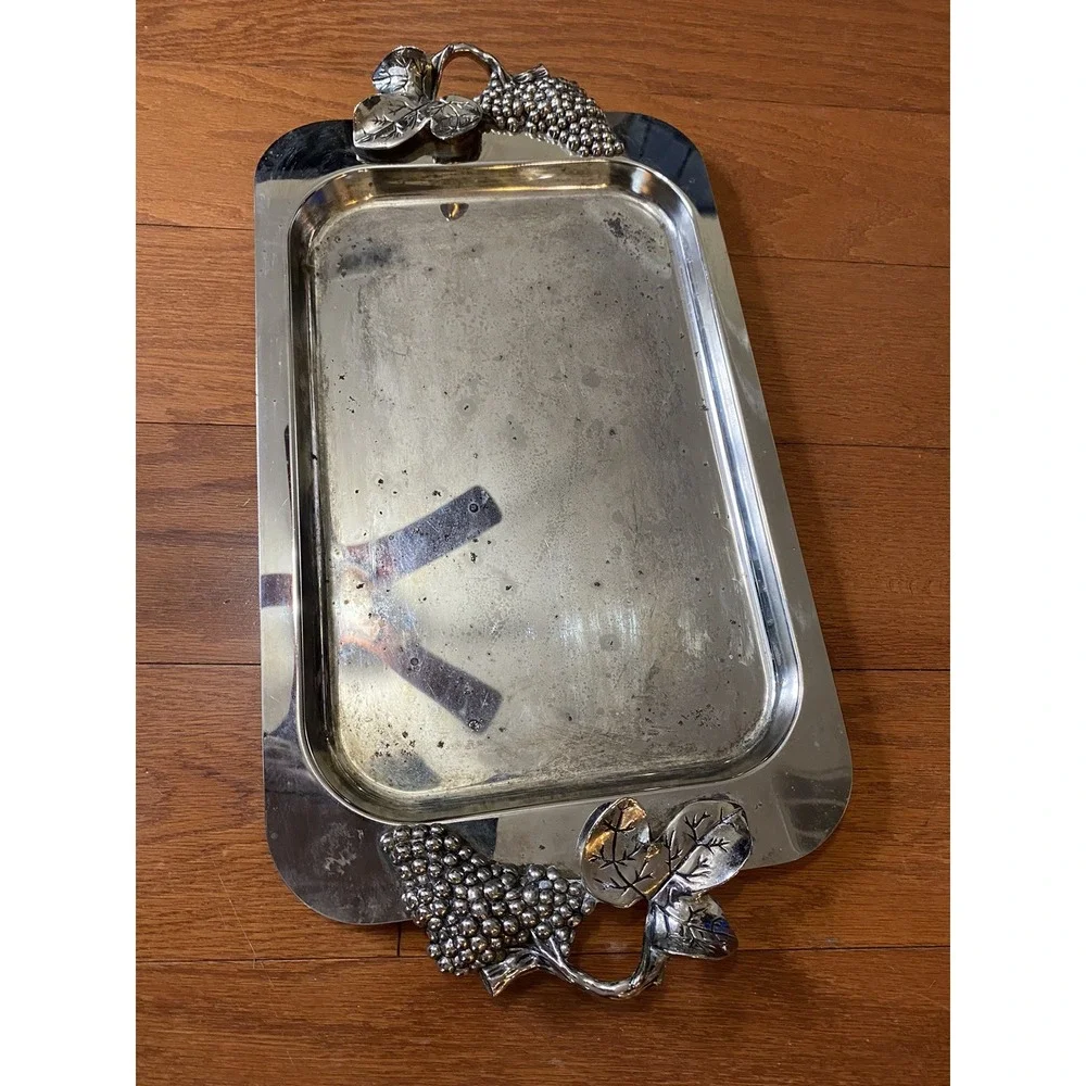 Godinger Silver-Plated Vintage Serving Tray Handles Grape Vine Style 17.5in